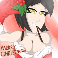 drawing giantess micro black_hair color cleavage yellow_eyes christmas gloves santa_costume cutelittlenightmare between_breasts