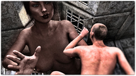 giantess nude black_hair houses point_of_view reaching_hand looking_at_tiny digital_render hoven4