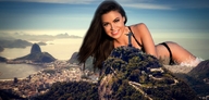 city swimsuit destruction ocean brunette lying_down mountains looking_at_viewer mrderpington
