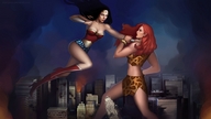 drawing giantess city mega black_hair color destruction superhero giganta red_hair boots fighting giantesses wonder_woman leotard bracelet leopard_print dc_comics elvengrace