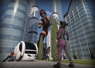 city mega butt buildings angry scared short_hair sitting standing vehicles bystanders futuristic looking_at_tiny digital_render