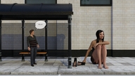 comic barefoot high_heels shoes story dress mini_giantess sitting amazon streets bus_stop digital_render