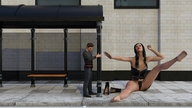 comic barefoot high_heels shoes story dress mini_giantess sitting amazon streets bus_stop digital_render