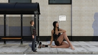 comic barefoot high_heels shoes story dress mini_giantess sitting amazon giantesses streets bus_stop digital_render