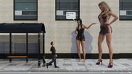 comic barefoot high_heels shoes story dress mini_giantess sitting amazon giantesses streets bus_stop digital_render