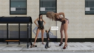 comic barefoot high_heels shoes story dress mini_giantess sitting amazon giantesses streets bus_stop digital_render