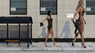 comic barefoot high_heels shoes story dress mini_giantess sitting amazon trapped giantesses streets bus_stop digital_render