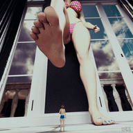 bikini large_breasts barefoot underwear low_angle short_hair shrunken_man looking_up outdoors point_of_view raised_foot toe_nail_polish digital_render polka_dots imminent_foot_crush