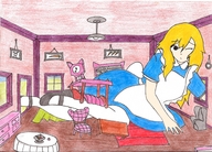 drawing growth blonde color shoes socks dress lying_down mini_giantess tight_fit bedroom alice_in_wonderland closed_eyes
