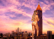 bikini giantess collage city mega blonde long_hair butt high_heels buildings sunset looking_away redcoffee1