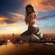 collage city mega long_hair destruction brunette kneeling skyscraper sneakers sky sunset waterfront redcoffee1 helen_semenova
