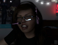vore teeth glasses brunette headphones shrunken_man teasing indoors spawngts digital_render