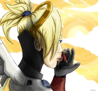 drawing gentle blonde color handheld ponytail shrunken_man overwatch giantwaifus mercy_(overwatch)