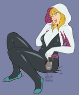 breasts drawing giantess vore mega blonde color tongue blue_eyes handheld superhero sitting shrunken_people source_needed hood web no_background spider_web superheroine gwen_stacy spider-woman marvel_comics spider-gwen witch_of_avalon