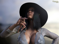 nude blonde black_hair barefoot cleavage shrunken_woman hat between_fingers spawngts looking_at_tiny