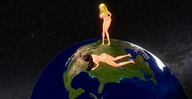giantess earth blonde space swimsuit planet barefoot huge_breasts brunette lying_down giantesses ken digital_render cosmic_giantess ケン