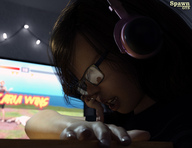 nude black_hair lips shrunken_man teasing close_up open_mouth nose indoors spawngts imminent_vore headset looking_at_tiny digital_render gamer_girl glassses