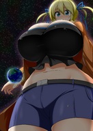 drawing earth giga blonde space color cleavage huge_breasts moon embarrassed navel belly shorts looking_down cape belt stars cosmic_giantess hair_tie