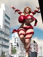 breasts growth giantess city long_hair barefoot cleavage buildings huge_breasts brunette red_hair navel running xenophage tattoo ripped_clothing digital_render makeshift_clothing