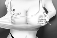 breasts drawing panties monochrome handheld barefoot cleavage domination bondage shrunken_men navel entrapment hugging tanktop breast_worship zackman