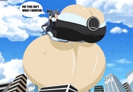 drawing giantess panties black_hair color long_hair cleavage skirt huge_breasts surprised outdoors bow huge_thighs clothes_dont_fit