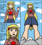 drawing giantess mega blonde large_breasts long_hair skirt low_angle smiling story mountains canada flower sweater braid maple_leaf