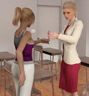 gentle blonde clothed handheld skirt ponytail women standing pants runswithferrets jacket tanktop classroom desks digital_render