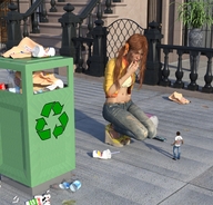 clothed high_heels red_hair squatting belly shrunken_man looking_down ponytails trash sweater runswithferrets ripped_jeans digital_render recycling_bin