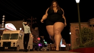 city long_hair cleavage high_heels brunette dress mini_giantess walking night outdoors truck digital_render