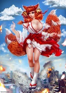 drawing giantess city color large_breasts destruction rampage cleavage red_hair sandals kitsune tabi_socks cysh_aizen tigrsasha