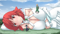 drawing gentle giantess color clothed ochiko_terada cleavage huge_breasts red_hair lying_down on_breasts izetta shuumatsu_no_izetta