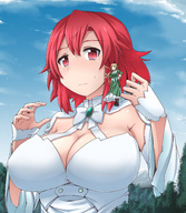 drawing gentle giantess blonde color clothed ochiko_terada huge_breasts red_hair shrunken_woman on_shoulder izetta shuumatsu_no_izetta