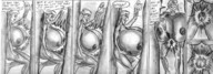 drawing nude comic monochrome giant huge_breasts cock_vore breast_expansion shrunken_woman growth_ray