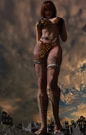 mega large_breasts cleavage skirt red_hair short_hair sandals walking looking_down cruel point_of_view belt dirt digital_render giantess_lover45 hand_on_breasts