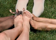 collage barefoot nylons shrunken_man grass open_mouth outdoors nail_polish pleading