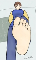 drawing color barefoot brunette brown_eyes looking_down point_of_view looking_at_viewer raised_foot imminent_crush yamumil blackboard