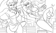 breasts drawing giantess panties city mega monochrome long_hair crossover cleavage buildings giganta ponytail dress fighting sketch giantesses belt leotard bryan_lobdell dc_comics seven_deadly_sins diane_(seven_deadly_sins)