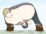 drawing pussy giga city black_hair color butt smiling boots squatting pants waving semi_nude hand_on_ass