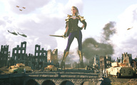 city mega destruction high_heels helicopter tank smiling hand weapon smoke towering sorenzer0 digital_render