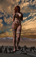 giantess mega large_breasts barefoot cleavage skirt smiling red_hair walking looking_down dirty belt digital_render hand_on_breasts