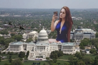 giantess collage long_hair cleavage helicopter red_hair dress sitting phone washington_dc selfie white_house