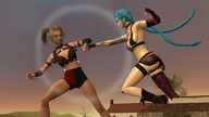 giantess blonde long_hair blue_hair gloves boots harley_quinn pigtails shorts fighting giantesses houses outdoors tattoo dyed_hair digital_render jinx_(league_of_legends)