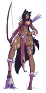 breasts drawing giantess nude wolf black_hair color long_hair barefoot bra yellow_eyes shrunken_people dark_skin bow necklace body_paint hands_on_hips feathers arrows himeko-houkou loincloth madiblitz mice quiver