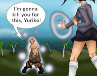 drawing shrinking embarrassed uniform japanese outdoors palm_trees military_uniform dialogue military_boots long_socks dog_tags shrinking_out_of_clothes red_alert yuriko_omega tanya