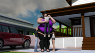 black_hair long_hair huge_breasts smiling mini_giantess bbw hugging vehicles outdoors picked_up digital_render