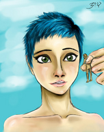 drawing giantess nude color handheld green_eyes blue_hair short_hair between_fingers looking_at_tiny 3fy