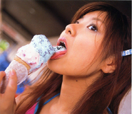 collage ice_cream unaware shrunken_man open_mouth outdoors hairband looking_away imminent_vore