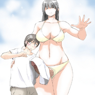 bikini drawing blushing black_hair color futanari penis smiling embarrassed mini_giantess navel towel winking bikuta
