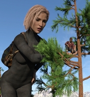 giantess blonde handheld short_hair kneeling bodysuit outdoors trees backpack digital_render