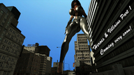 giantess city black_hair long_hair clothed cleavage high_heels buildings looking_down mask standing costume catsuit digital_render onlooker endlessrain0110